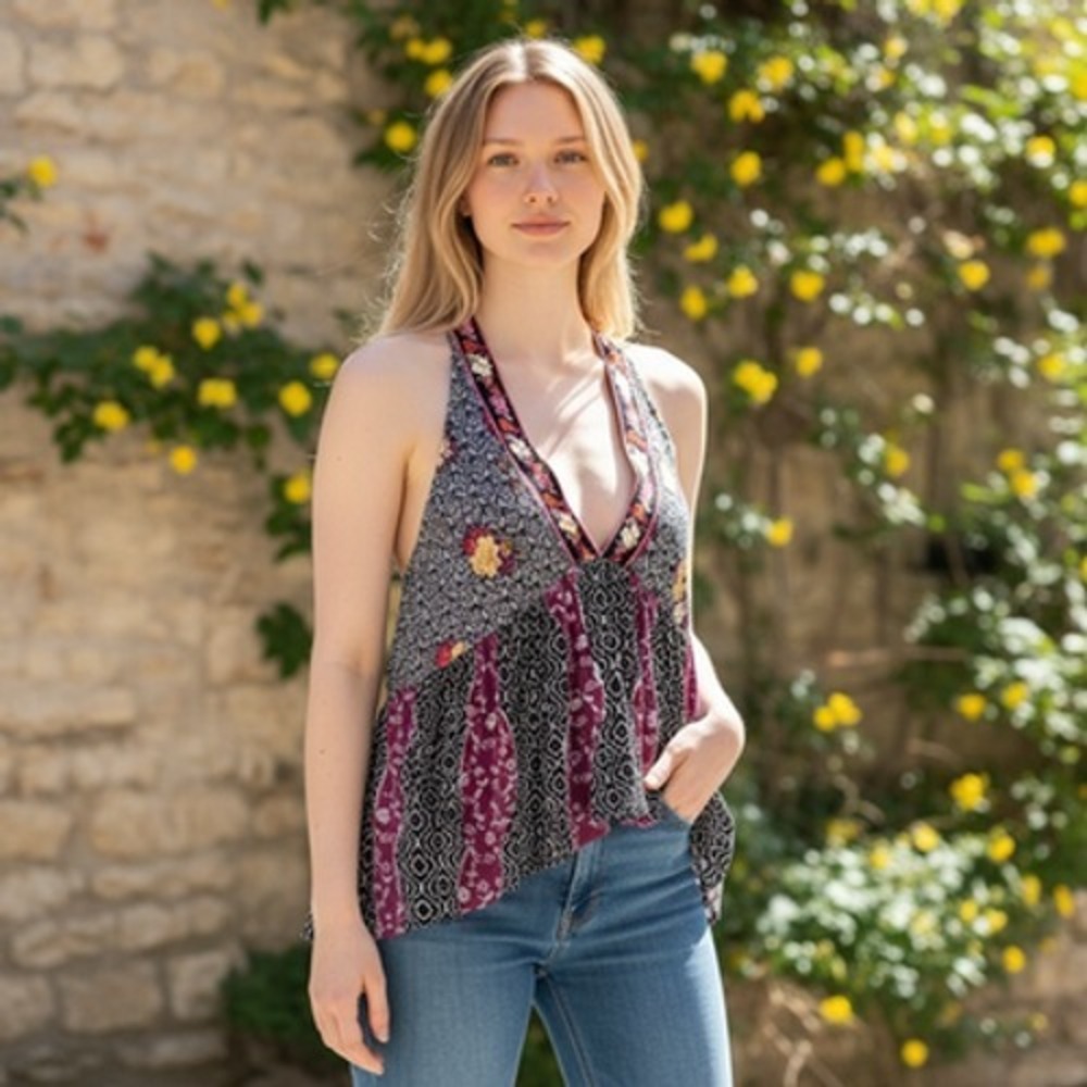 Free People Dream Darlin' Tank Womens L Black Floral Camisole V-Neck Rayon